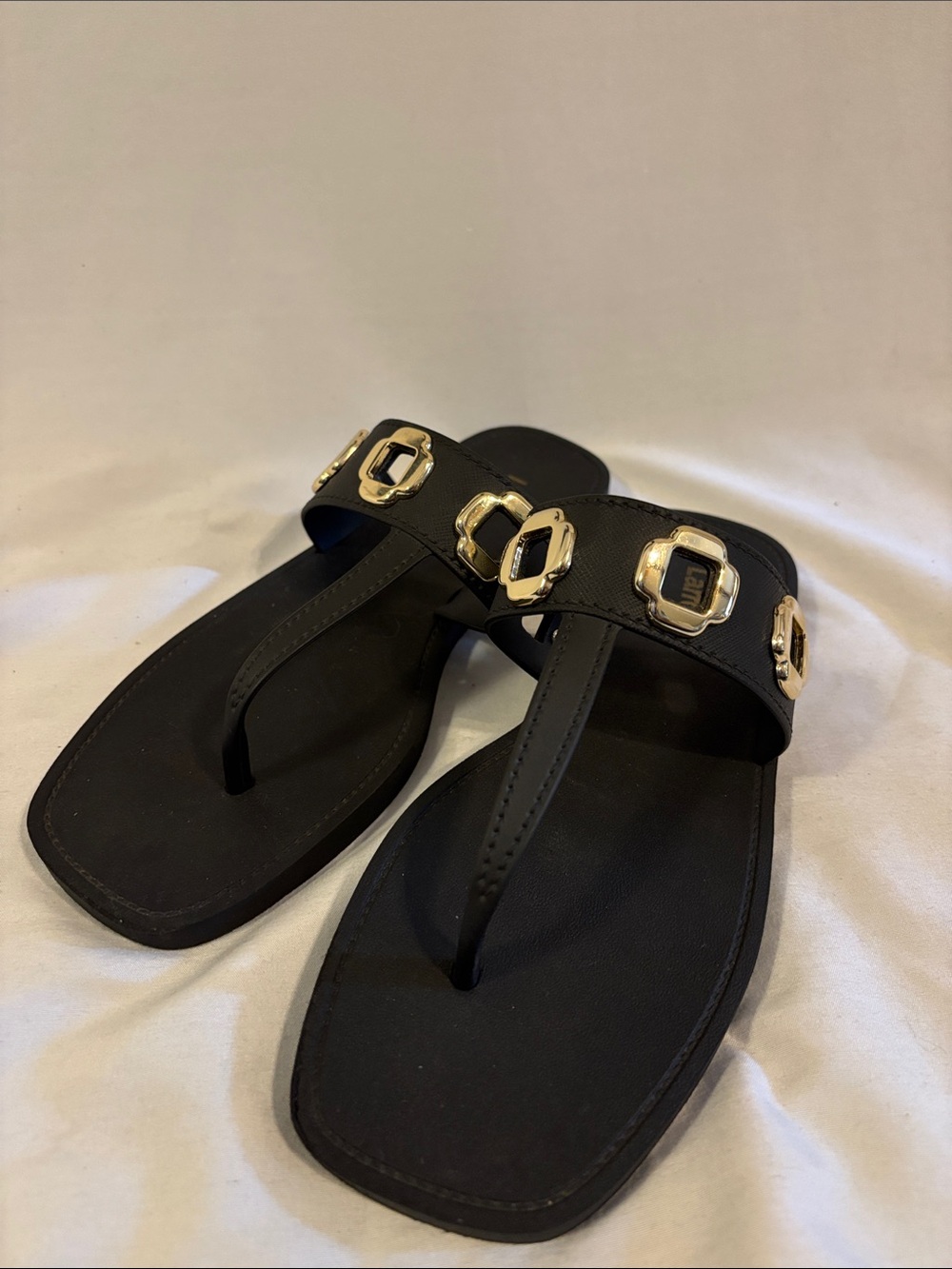 Larroude Black Sandal Thong with Gold Accents